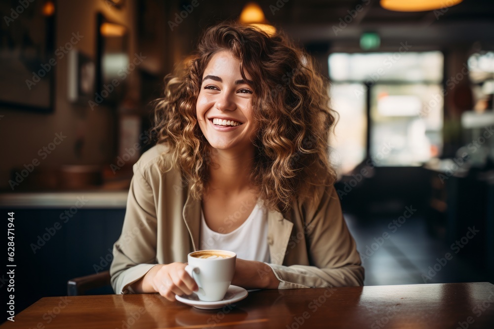 person laugh and simply relaxing while enjoying their coffee. generative ai person laugh and simply relaxing while enjoying their coffee. generative ai