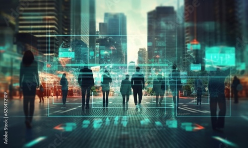 People on city street with technological data background. Business  analytics big data concept  Generative AI
