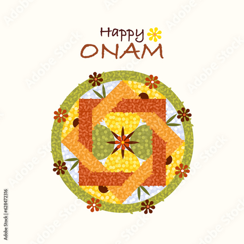 Onam festival greetings with floral designs. Onam is a traditional festival in Kerala, India