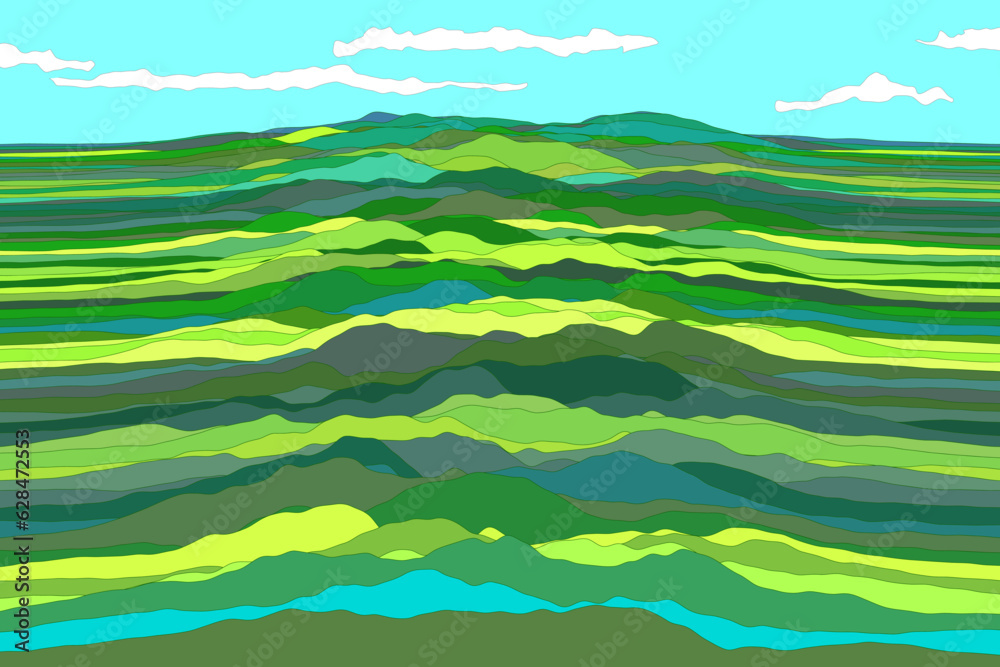 Colorful landscape, hills and sky.