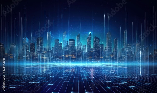 Metaverse smart technology city. Digital futuristic data skyscrapers on technological blue background. Business, science, internet concept, Generative AI