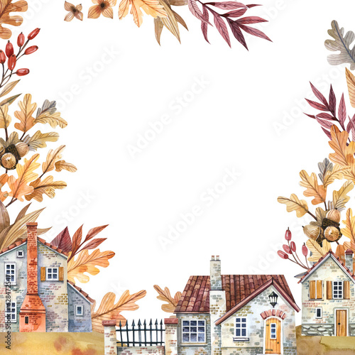 Autumn rural street with cozy houses, golden autumn leaves watercolor frame background.