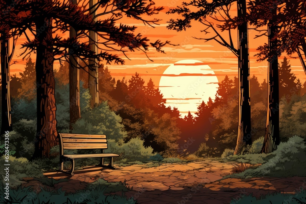 The sun shines through the trees onto a park bench. (Generative AI)