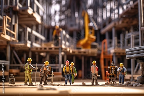 Construction workers in uniform and hardhats on construction site.