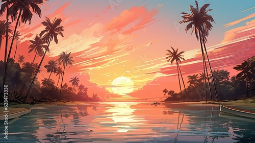 A sunset painting featuring palm trees, an island, a boat, and a setting sun. (Generative AI)