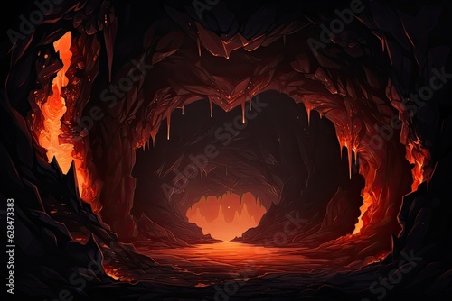 Lava flows through a dark cave. (Generative AI)