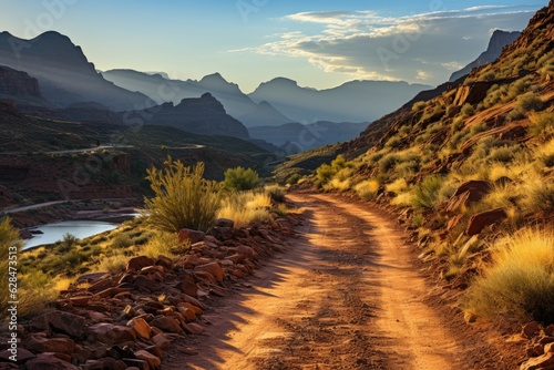 There is a mountain in the desert on a dirt road. (Generative AI)