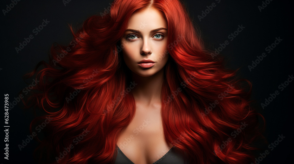 Beautiful girl with very long red well-groomed smooth hair. Develop. Advertisement for hairdresser, beauty salon, hair banner. AI generation