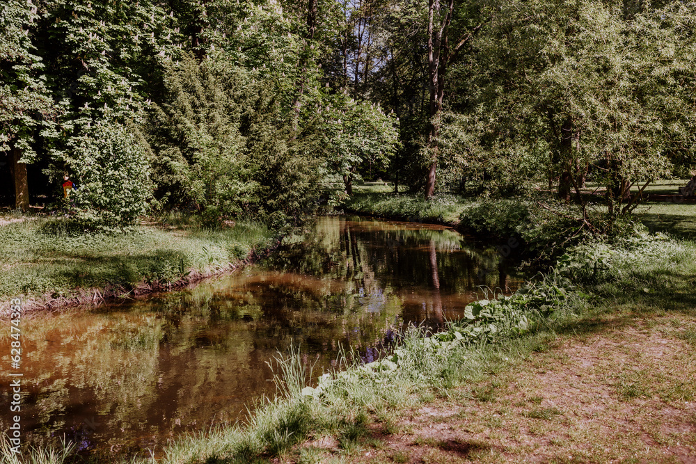 Sicht auf einen Fluss durch den Schlosspark Pankow Sicht auf einen Fluss durch den Schlosspark Pankow