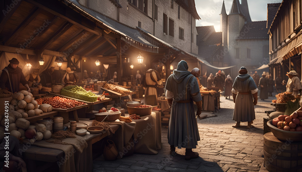 At a medieval market, men in historical garbs offering vegetables, fruits, herbs. Amazing fantasy world of the Middle Ages. Digital illustration. CG Artwork Background At a medieval market, men in historical garbs offering vegetables, fruits, herbs. Amazing fantasy world of the Middle Ages. Digital illustration. CG Artwork Background