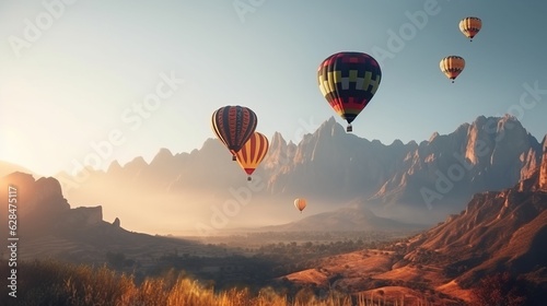 Colored balloons fly in the clouds in the sun over the mountains, hills. AI generated.