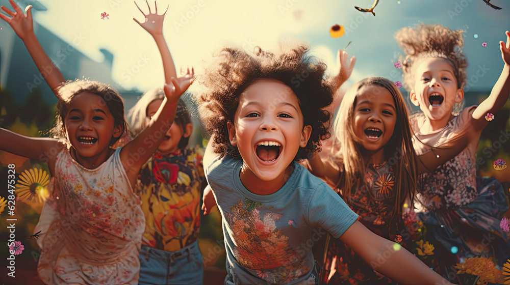 Group of diverse cheerful fun happy multiethnic children outdoors created with Generative AI technology, Generative Ai