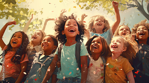 Group of diverse cheerful fun happy multiethnic children outdoors created with Generative AI technology, Generative Ai