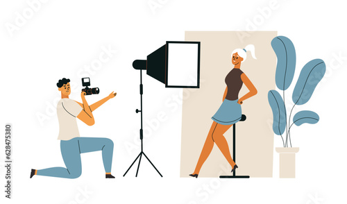 Photographers and models, professional cameraman workflow process