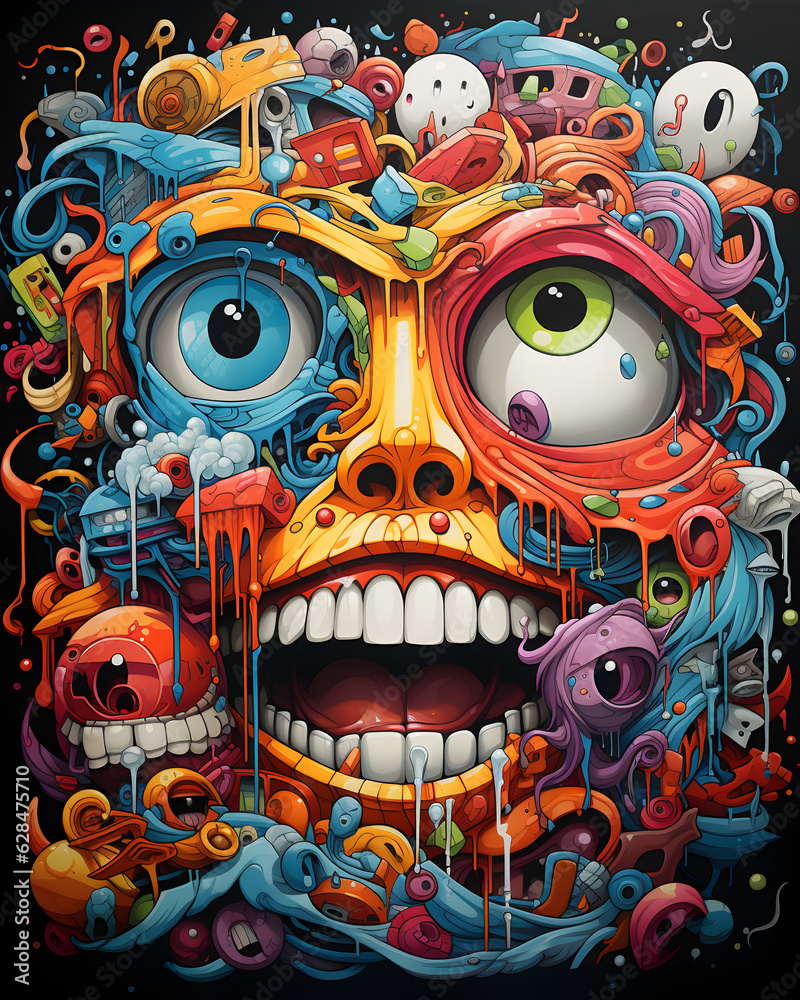 Colorful drawing poster of cartoon characters and shapes, in the style