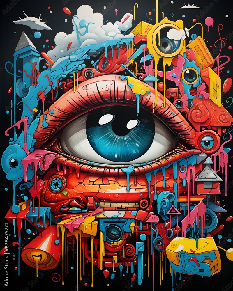 Colorful drawing poster of cartoon characters and shapes, in the style