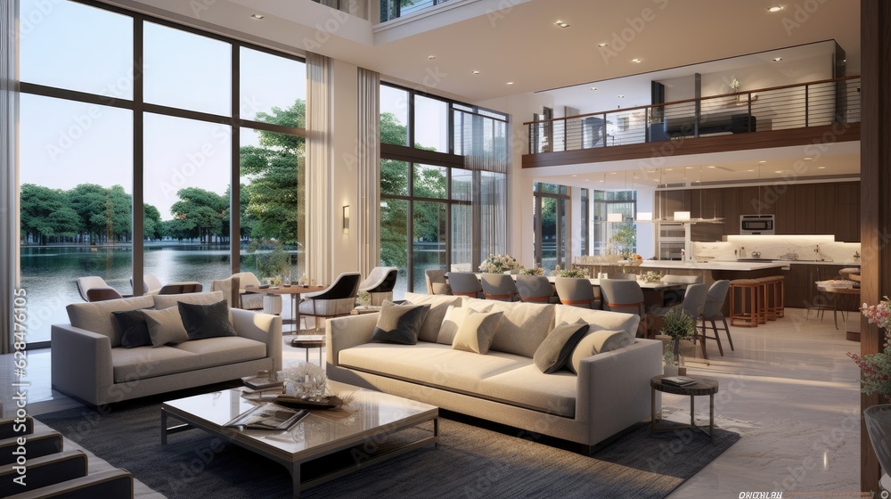 contemporary living room open concept view, generative ai contemporary living room open concept view, generative ai