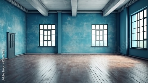 empty interior background room blue wall  generative ai