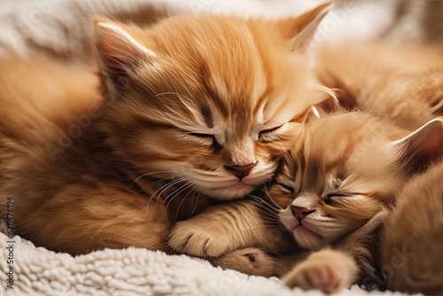 Cute red cats mother and kitten sleep embracing. Close up. Generative AI.