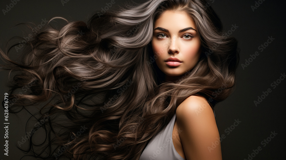 Beautiful brunette girl with very long well-groomed smooth hair. Develop. Advertisement for hairdresser, beauty salon, hair banner. AI generation