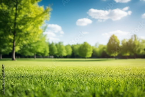 Beautifully blurred background image of spring nature with a neatly trimmed lawn surrounded by trees against a blue sky with clouds on a bright sunny day. Generative AI.