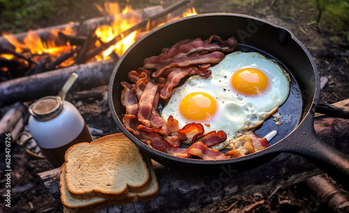 Camping breakfast with bacon and eggs in a cast iron skillet. Fried eggs with bacon in a pan in the forest. Food at the camp. Scrambled eggs with bacon on fire. Picnic