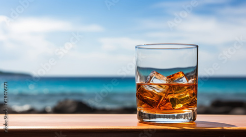A glass of whiskey on a table  a tropical island in the background of the sea. Generative AI.
