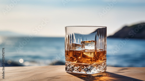A glass of whiskey on a table, a tropical island in the background of the sea. Generative AI. © GustavsMD