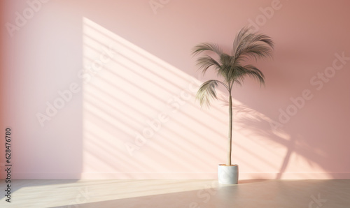 Blurred shadow from palm leaves on the pink wall. Minimal abstract background for product presentation. Spring and summer. Generative AI. © GustavsMD