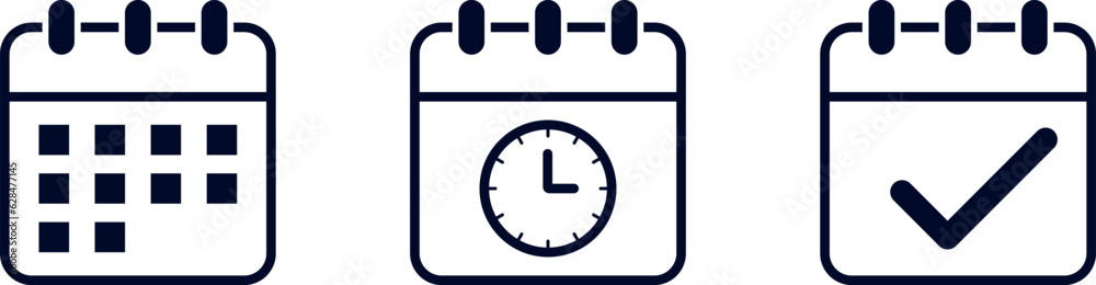 Set vector square icons page calendar - mark agenda app, time, watch, deadline, date page icon and mark done, yes, success, check, approved, confirm. Vector ilustration. Set vector square icons page calendar - mark agenda app, time, watch, deadline, date page icon and mark done, yes, success, check, approved, confirm. Vector ilustration.