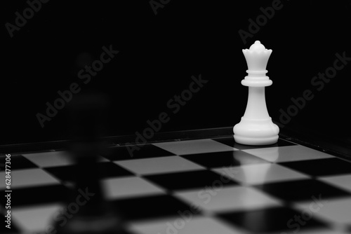 Strategic Black and White Chess Queen Close-Up on a simple modern chessboard