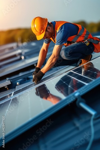 Obraz na płótnie Installing a solar panel on the roof by Generative AI