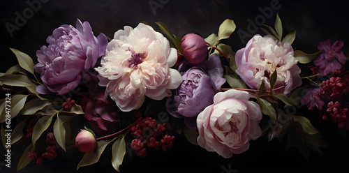 Peonies roses are dark purple, in the style of textural elements and collages, realistic chiaroscuro lighting created with Generative AI technology
