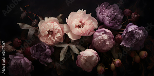 Fototapeta Naklejka Na Ścianę i Meble -  Peonies roses are dark purple, in the style of textural elements and collages, realistic chiaroscuro lighting created with Generative AI technology