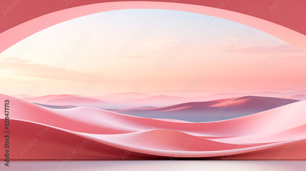 Incredible pink colorful fantasy interior background. Smooth pink lines, curves, space. AI generation