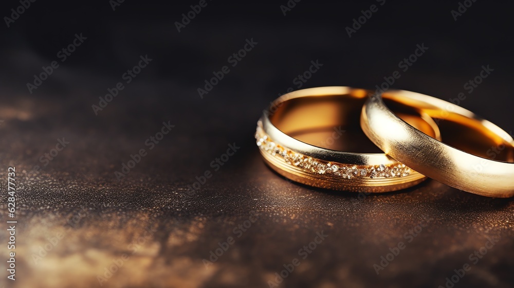 Gold rings with dark background, copy space for text and illustration for product presentation and template design. Gold rings with dark background, copy space for text and illustration for product presentation and template design.