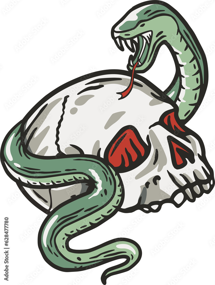 Obraz premium Halloween skeleton with skull and snake. Halloween undead and walking dead. Fear and spooky zombie for design dark party of happy halloween