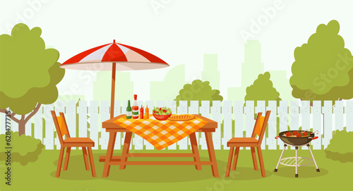 Summer outdoor backyard barbecue party with furniture, umbrella, food on grill