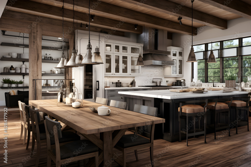a modern farmhouse kitchen that embraces cozy nostalgia and sleek sophistication