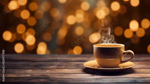 Coffe cup on table with bokeh background, copy space for text and illustration for product presentation and template design.