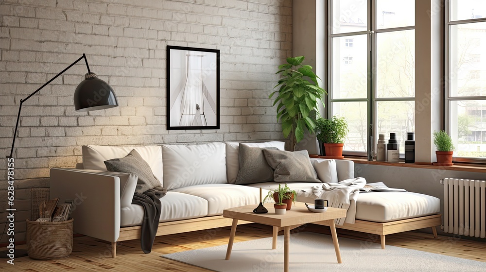 scandinavian living room interior sofa on, generative ai scandinavian living room interior sofa on, generative ai