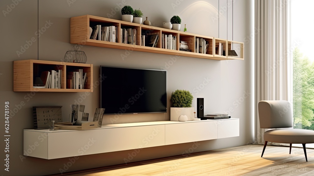 simple minimal cabinet tv interior wall, generative ai - obrazy, fototapety, plakaty 