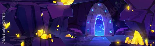 Underground mine cave game cartoon illustration. Dark mountain cavern inside with yellow crystal and portal door. Fantasy dungeon tunnel with mysterious entrance to parallel place 2d level scene