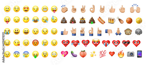 Emoji big set. High quality emoticons isolated on a white background. Heart, hands, yellow smiles, emoji set. Social media icons