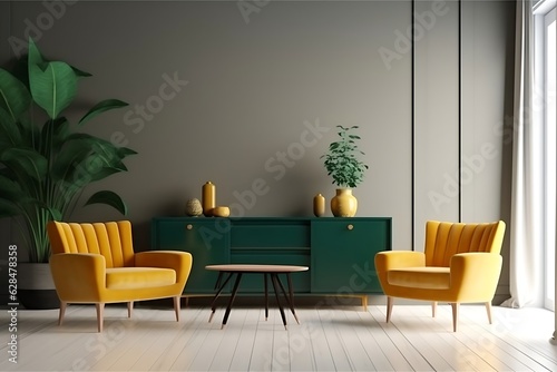 Mockup a TV wall mounted on green cabinet with yellow armchair in living room with a white wall, Generative AI