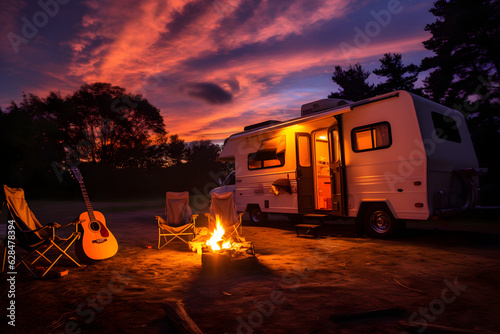 Cozy warm evening near travel trailer, campfire and guitar, family camping on caravan, rest at nature