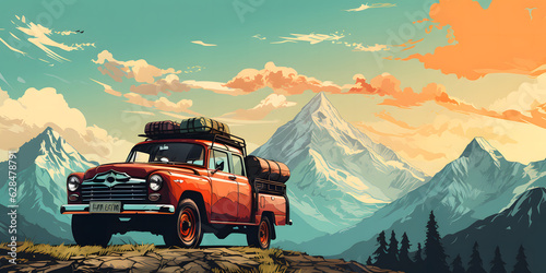 Old American pickup truck in the mountains, retro style 