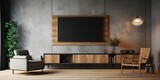 Wall mounted tv and wooden cabinet with gray armchair in modern living room the concrete wall, Generative AI
