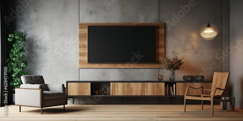 Wall mounted tv and wooden cabinet with gray armchair in modern living room the concrete wall, Generative AI