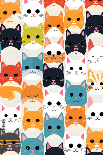 Pattern of many cute colorful cats. Vertical diary cover template a4. Lots of funny pretty cats, flat style illustration.